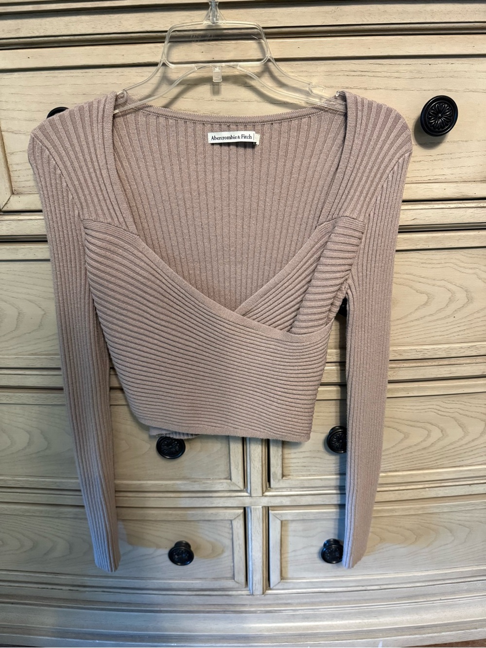 Abercrombie & Fitch Mauve Ribbed Wrap-Style Long Sleeve Crop Top